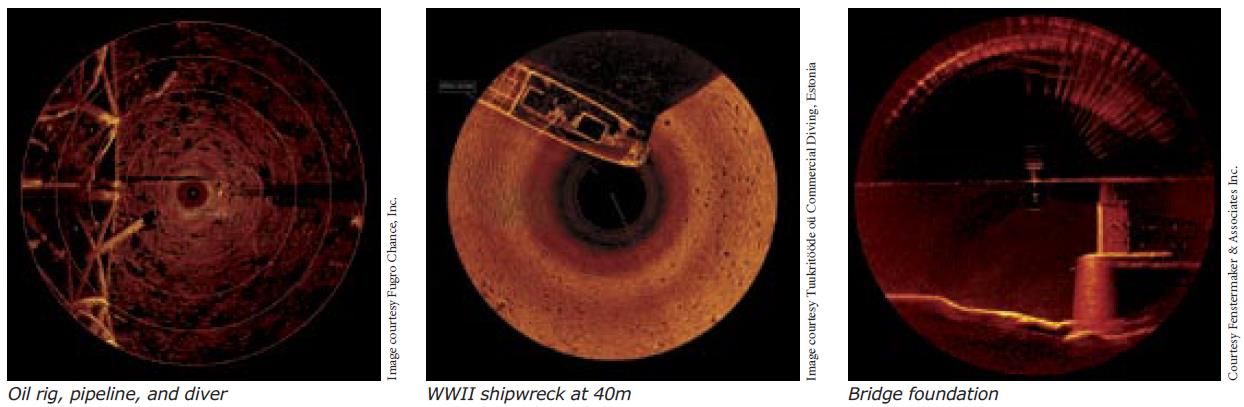 Hasil pemindaian sonar MS1000 Kongsberg menampilkan rig minyak, pipa, dan penyelam, serta reruntuhan kapal Perang Dunia 2 pada kedalaman 40 meter, beserta pondasi jembatan." (Sonar scanning results by Kongsberg MS1000 showing oil rig, pipeline, and diver, with WW2 shipwreck at 40m depth, and bridge foundation.)